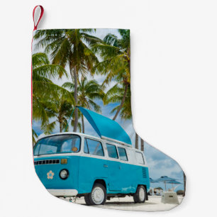 Meia De Natal Pequena van azul e branca na praia