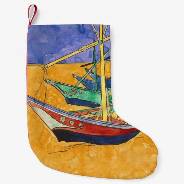 Meia De Natal Pequena Van Gogh Boats Impressionism Beach (Frente)