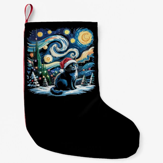 Meia De Natal Pequena Van Gogh Starry Night Festivo Natal Negro Gato (Frente)