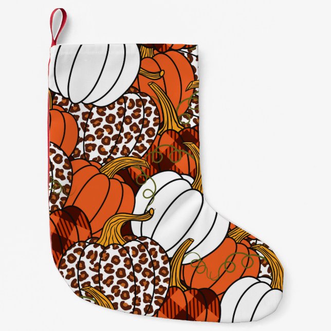 Meia De Natal Pequena  Várias abóboras. Leopardo, laranja, branco e bufo (Frente)