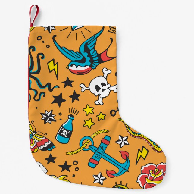 Meia De Natal Pequena Velha Tatuagem Escolar: Bonita Sem Costura (Frente)