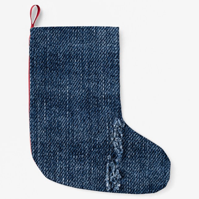 Meia De Natal Pequena Velho denim rasgado: textura jeans. (Frente)
