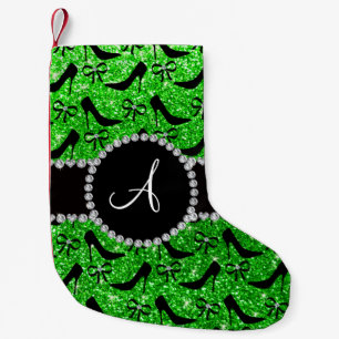 Meia De Natal Pequena Verde limão monograma brilho preto alto arco