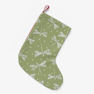 Meia De Natal Pequena verde oliva feminino com bolinhas brancas e libélu