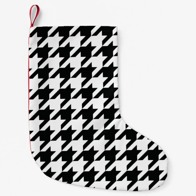 Meia De Natal Pequena Verificação de houndstooth Clássico Branco Preto (Frente)