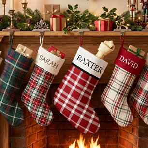 Meia De Natal Pequena Vermelho Rústico Plaid Branco Personalizado Festiv