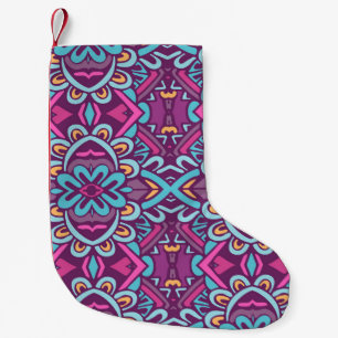 Meia De Natal Pequena Vintage índio retro flores estilizadas e rhombus.