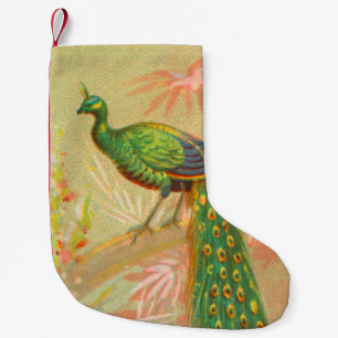 Meia De Natal Pequena Vintage Peacock e pintura de flores