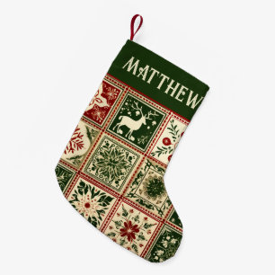 Meia De Natal Pequena Vintage Red and Green Quilly Squares Natal