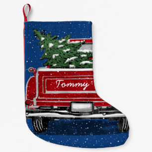 Meia De Natal Pequena Vintage Red Truck Árvore de Natal Nome Personaliz
