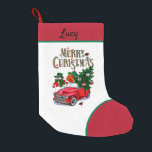 Meia De Natal Pequena Vintage Snowman e carro vermelho<br><div class="desc">Vintage Snowman e carro vermelho</div>