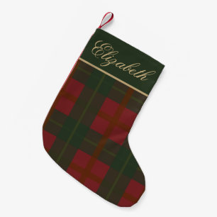Meia De Natal Pequena Vintage Vermelho Verde Tartan Dourado Script Atemp