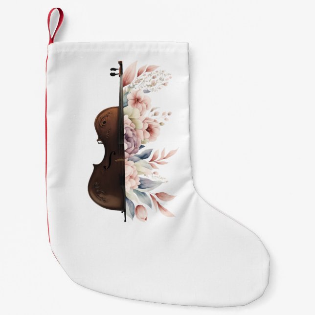 Meia De Natal Pequena Violino com flores. (Frente)