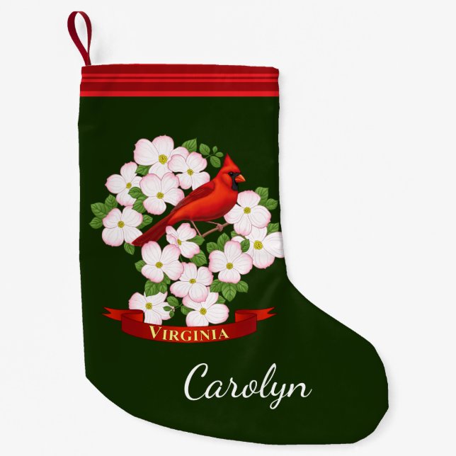 Meia De Natal Pequena Virginia State Cardinal Bird e Dogwood Flower (Frente)