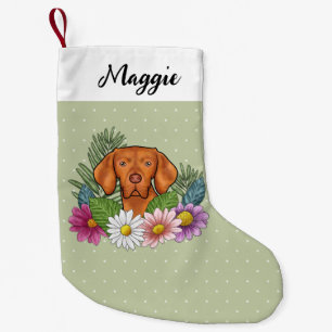Meia De Natal Pequena Vizsla Húngaro E Flores Coloridas De Verão Verde