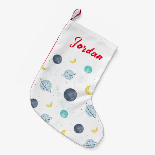 Meia De Natal Pequena Watercolor Blue Space Planet Pattern