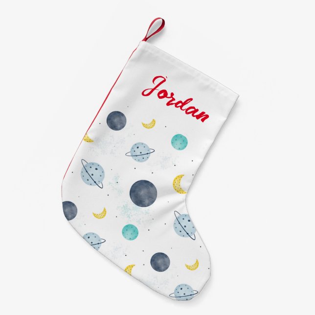 Meia De Natal Pequena Watercolor Blue Space Planet Pattern (Frente (Pendurada))