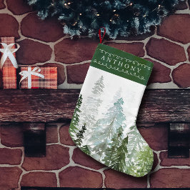 Meia De Natal Pequena Watercolor Pine Tree Forest Custom Name