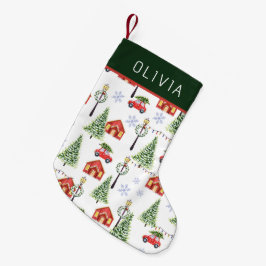 Meia De Natal Pequena Watercolor Winter Christmas Tree Custom Name