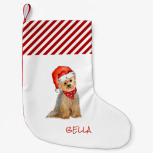 Meia De Natal Pequena Watercolor Yorkie num chapéu de Papai Noel