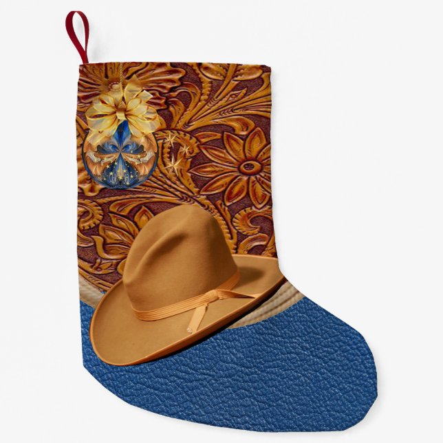 Meia De Natal Pequena Western Cowboy Hat e Rope Faux Leather (Frente)