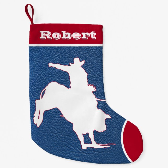 Meia De Natal Pequena Western Cowboy Rodeo Bull Caminhando em Couro Faux (Frente)
