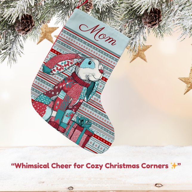 Meia De Natal Pequena Whimsical Bunny  (Patchwork bunny Christmas stocking in aqua and red — perfect for Mom 💕)