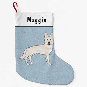 Meia De Natal Pequena White Shepherd White GSD Cartoon Dog Blue
