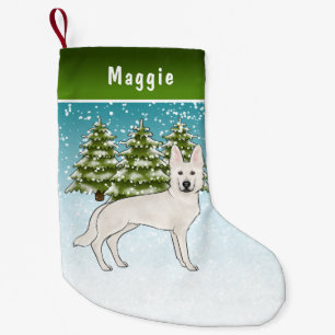 Meia De Natal Pequena White Swiss Shepherd White GSD Dog Winter Forest