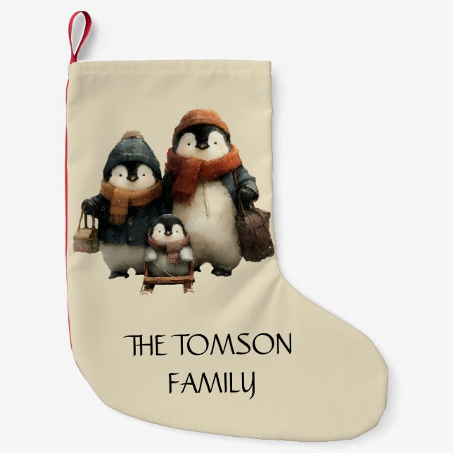 Meia De Natal Pequena Winter Penguin Family Personalized Design (Frente)