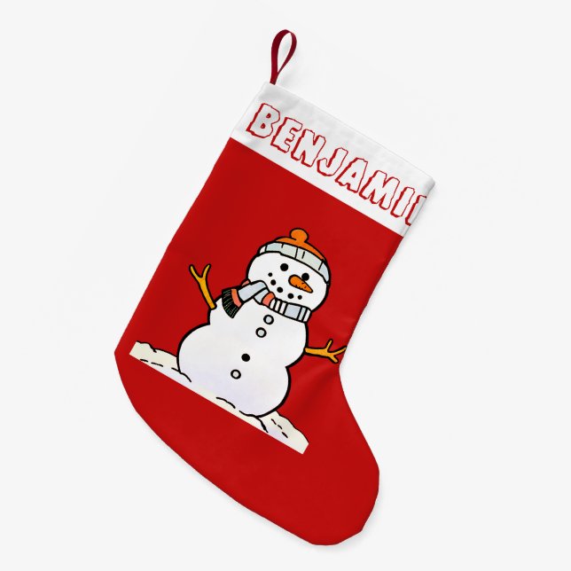 Meia De Natal Pequena Winter Snowman Pattern | Kids Name Red (Frente (Pendurada))