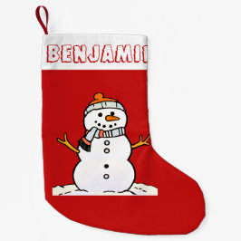 Meia De Natal Pequena Winter Snowman Pattern | Kids Name Red