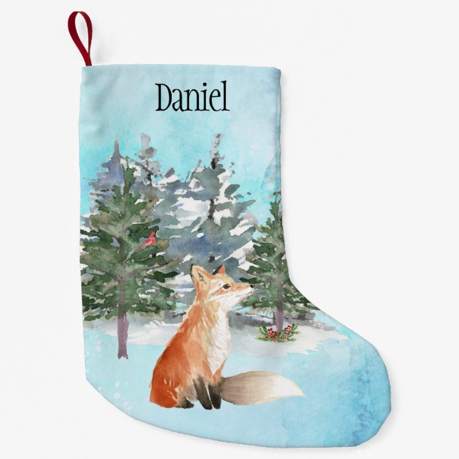 Meia De Natal Pequena Woodland Fox, Natal Personalizado (Frente)