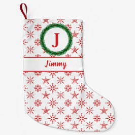 Meia De Natal Pequena Wreath Monograma Seu Nome Flocos de Neve Brancos e