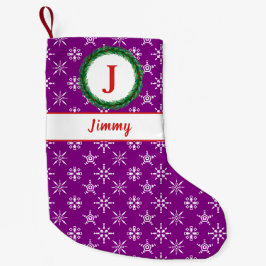 Meia De Natal Pequena Wreath Monograma Seu Nome Flocos de Neve Brancos R