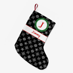 Meia De Natal Pequena Wreath Monograma Seu Nome Flocos de Neve Pretos e