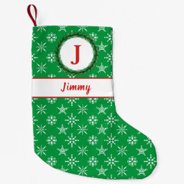 Meia De Natal Pequena Wreath Monograma Seu Nome Flocos de Neve Verde e B