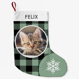 Meia De Natal Pequena Xadrez Búfalo Verde Foto Personalizada do seu Gato