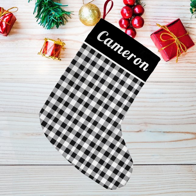 Meia De Natal Pequena Xadrez de Buffalo Russo Tartan Black White Name (Criador carregado)