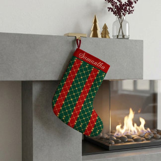 Meia De Natal Pequena Xadrez de Natal Vermelho e Verde com Pontos Dourad