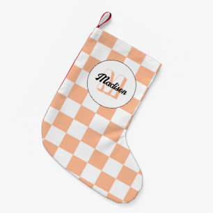 Meia De Natal Pequena Xadrez de pêssego branco geométrico retrô Monogram