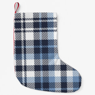 Meia De Natal Pequena Xadrez de tartan azul e branca