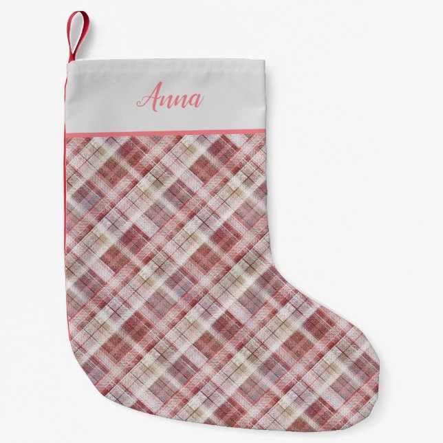 Meia De Natal Pequena Xadrez de tartan-rosa-clássico (Frente)