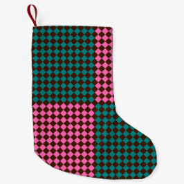 Meia De Natal Pequena Xadrez Diamante em Verde Azul Rosa e Marrom
