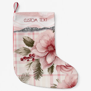 Meia De Natal Pequena Xadrez Floral de Natal Cor-de-Rosa Personalizada