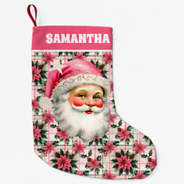 Meia De Natal Pequena Xadrez Floral de Natal do Pai Natal cor-de-rosa