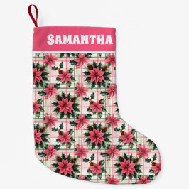 Meia De Natal Pequena Xadrez Floral de Natal Rosa Rosa Feliz Natal Feliz