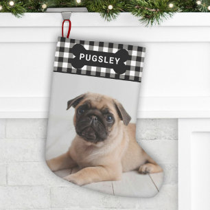 Meia De Natal Pequena Xadrez Negra de Bone de Pet-Dog Foto Monograma