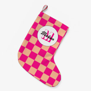 Meia De Natal Pequena Xadrez pêssego rosa quente geométrico retro Monogr