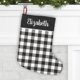 Meia De Natal Pequena Xadrez Preto e Branco Búfalo Nome em Letra Cursiva